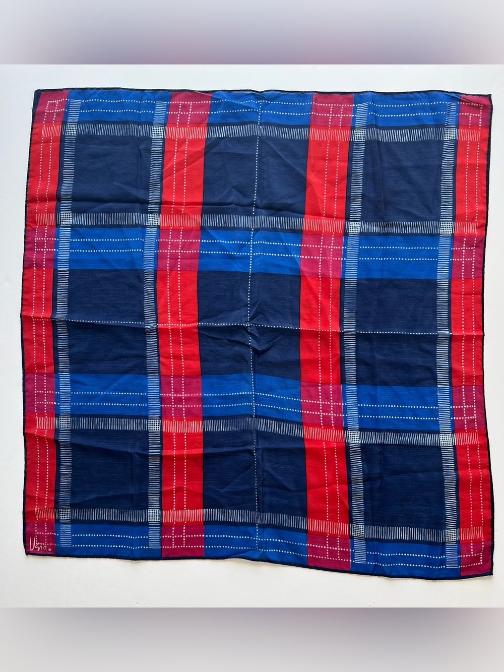 Vintage Vera Neumann Navy, Royal Blue & Red Plaid 30” hand rolled  Square Scarf
